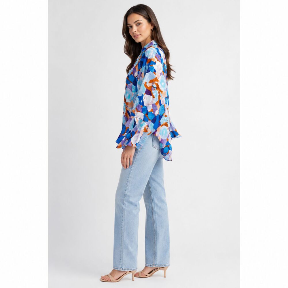 New GIGIO S 4 6 Blue Floral Blooms Hi-Low Hem Button Down Top Open Slit Sleeve